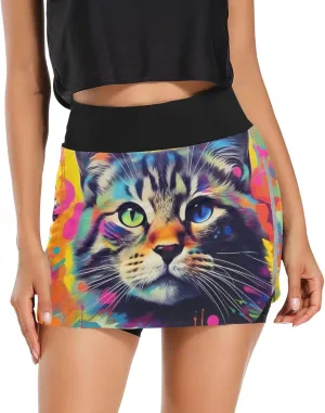 Womens Tennis Skirt High Waisted Workout Casual Golf Skort Painted Cat Athletic Skirts with Pocket