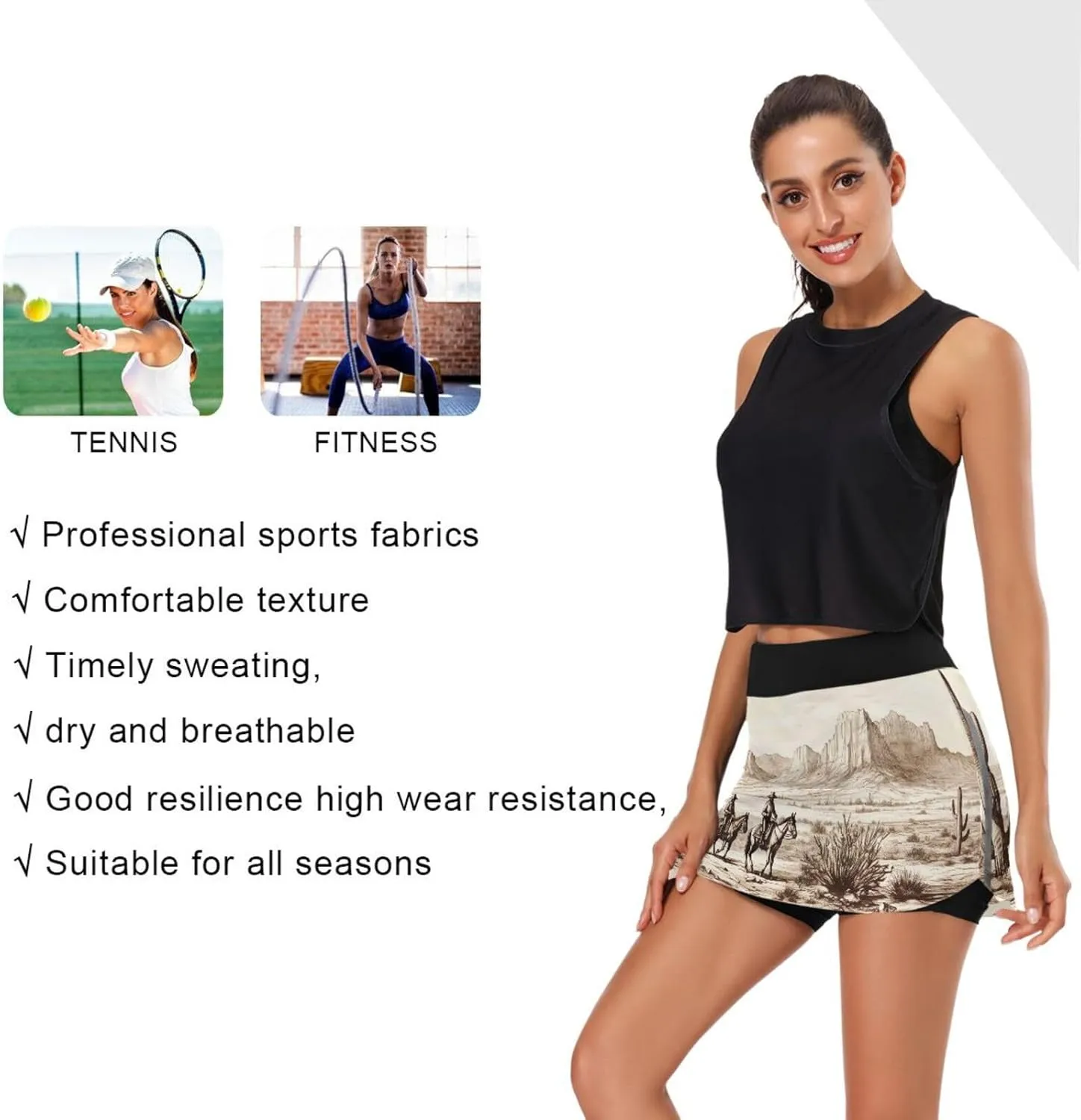 Womens Tennis Skirt High Waisted Workout Casual Golf Skort Western Cowboy Theme Athletic Skirts with Pocket