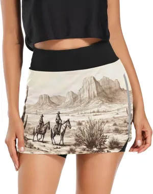 Womens Tennis Skirt High Waisted Workout Casual Golf Skort Western Cowboy Theme Athletic Skirts with Pocket