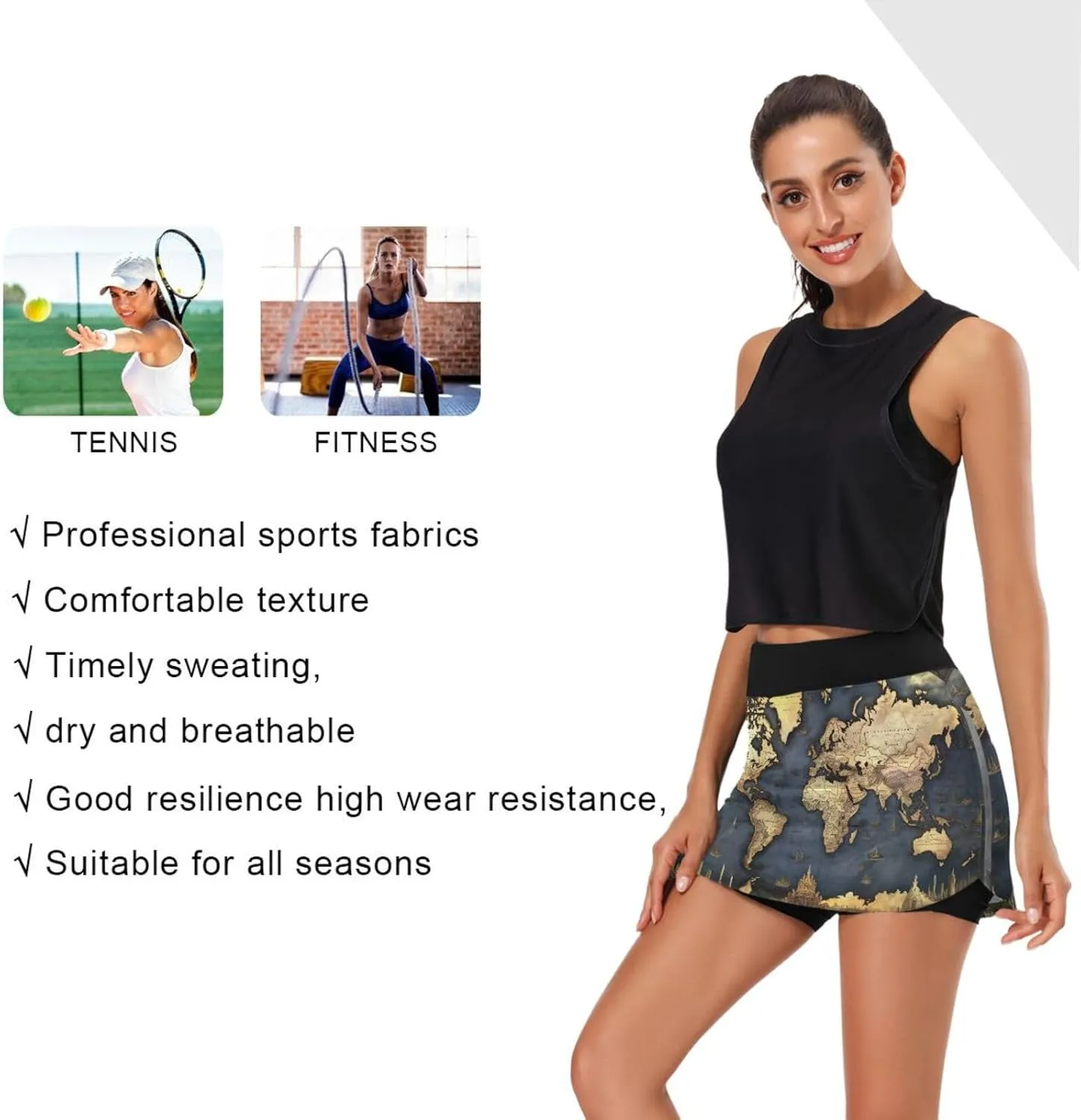 Womens Tennis Skirt High Waisted Workout Casual Golf Skort World Map Pattern Athletic Skirts with Pocket