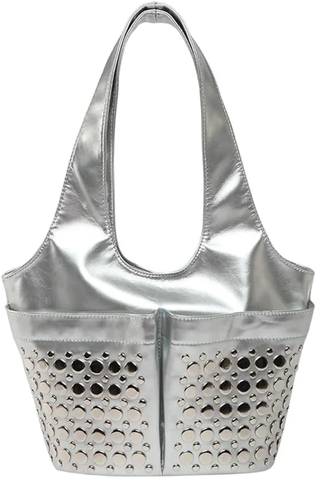 Womens Trendy Studded Bucket Bag Large Shoulder Purse Metal Rivet Tote Spacious Top Handle Handbag Satchels