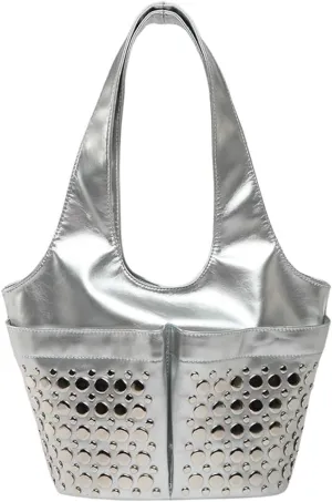 Womens Trendy Studded Bucket Bag Large Shoulder Purse Metal Rivet Tote Spacious Top Handle Handbag Satchels