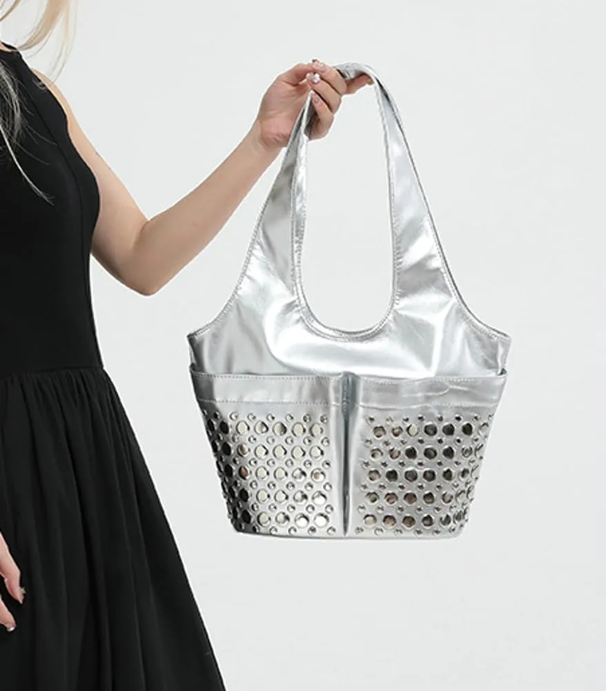 Womens Trendy Studded Bucket Bag Large Shoulder Purse Metal Rivet Tote Spacious Top Handle Handbag Satchels