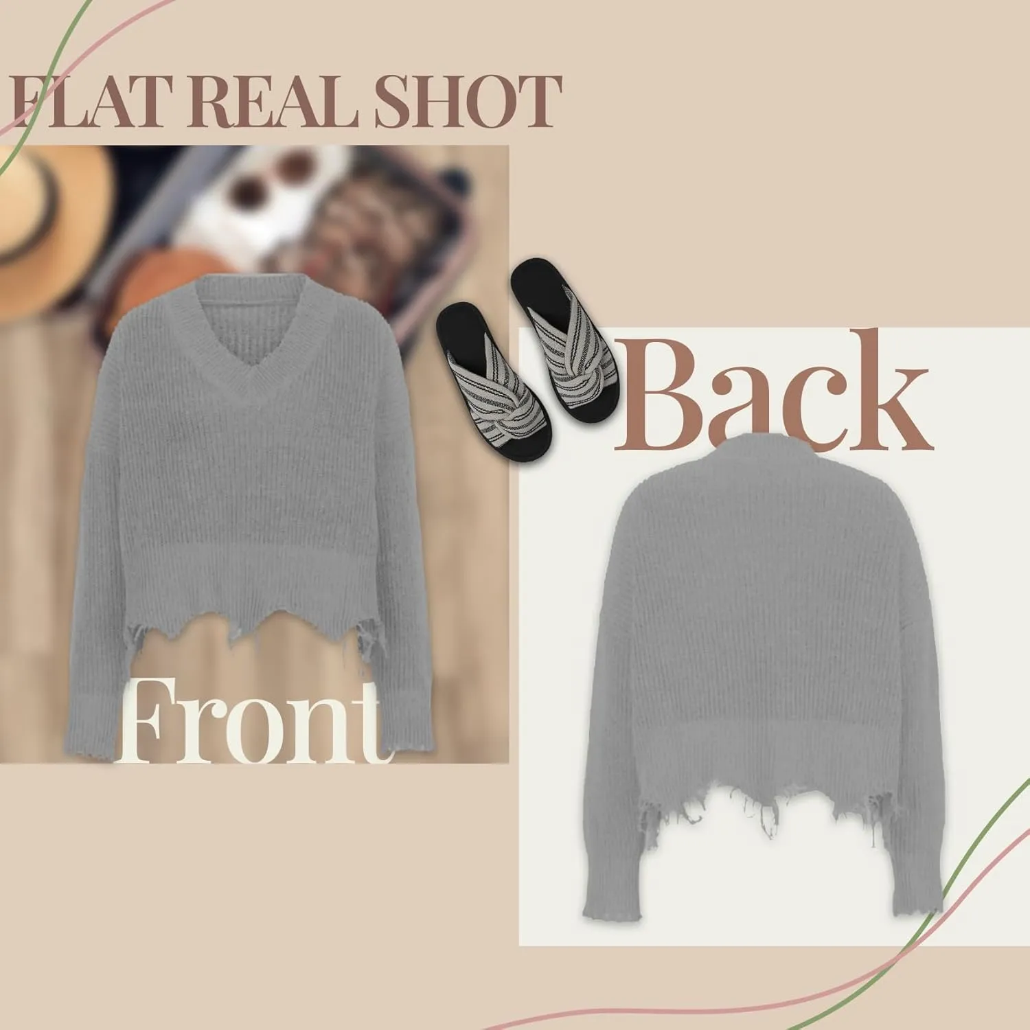 Women's V Neck Loose Knit Pullover Distressed Hem Off Shoulder Crop Sweater Solid Long Sleeve Top