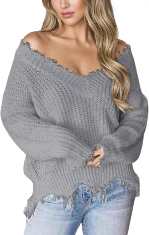 Women's V Neck Loose Knit Pullover Distressed Hem Off Shoulder Crop Sweater Solid Long Sleeve Top