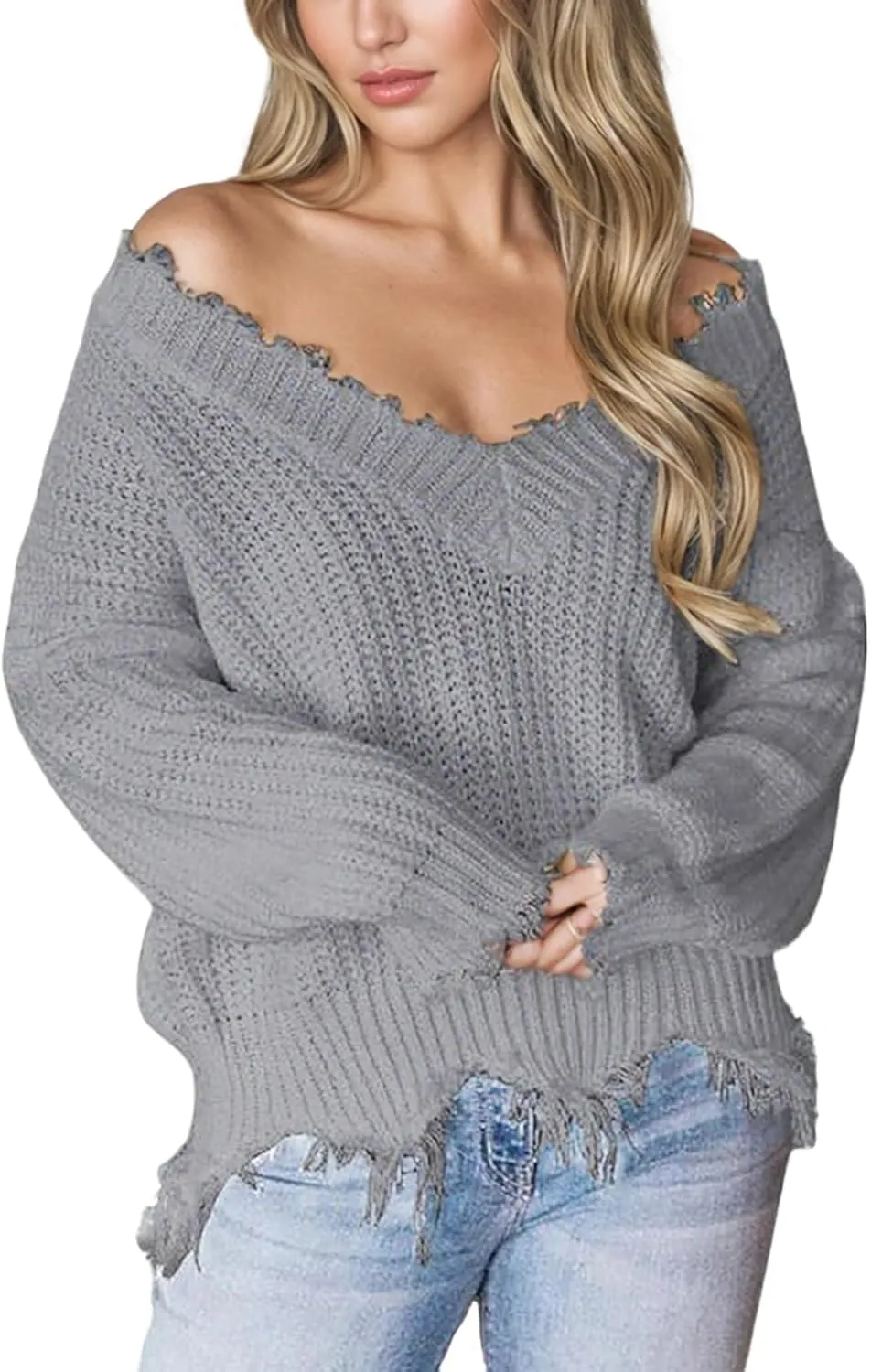 Women's V Neck Loose Knit Pullover Distressed Hem Off Shoulder Crop Sweater Solid Long Sleeve Top