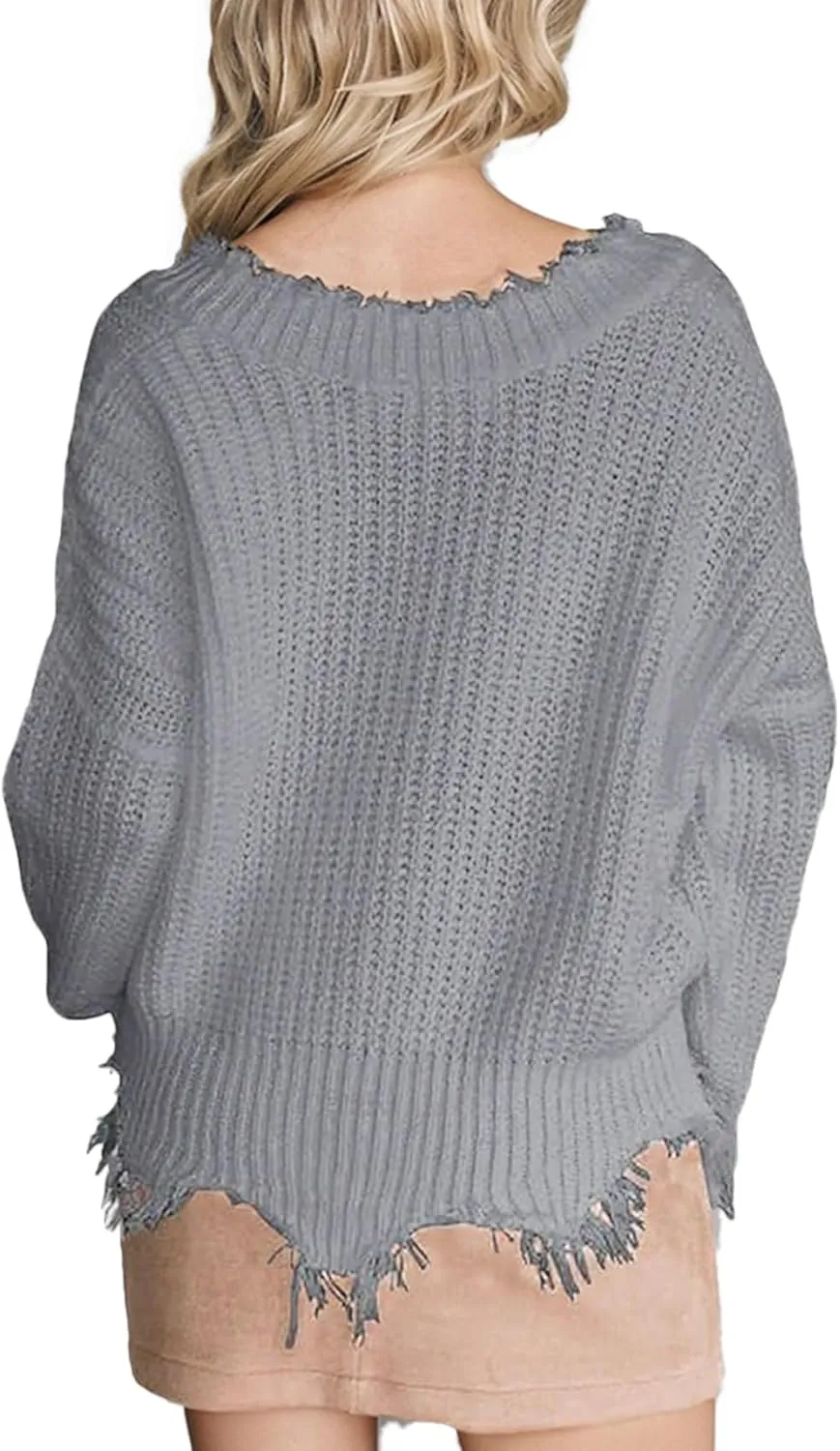 Women's V Neck Loose Knit Pullover Distressed Hem Off Shoulder Crop Sweater Solid Long Sleeve Top