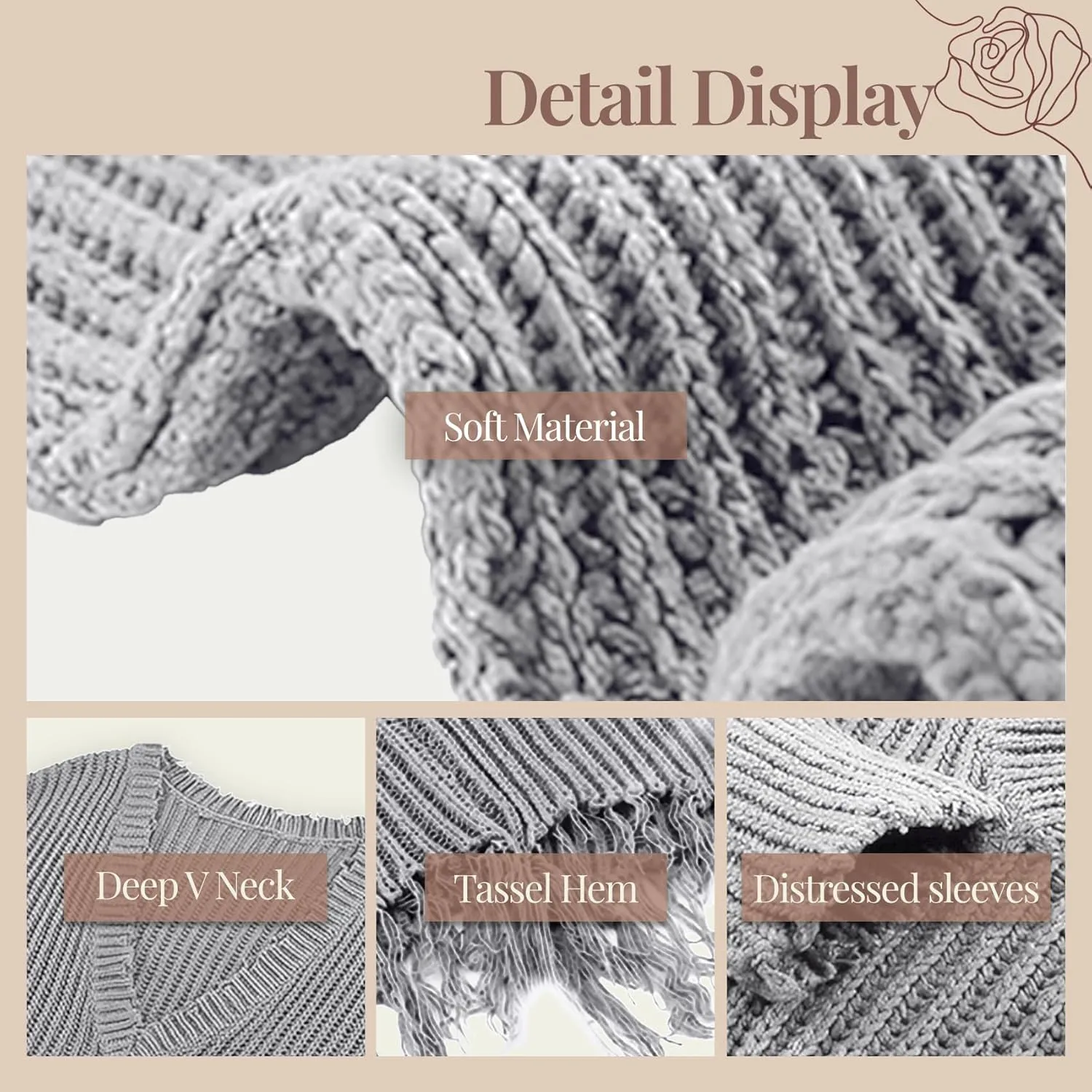 Women's V Neck Loose Knit Pullover Distressed Hem Off Shoulder Crop Sweater Solid Long Sleeve Top