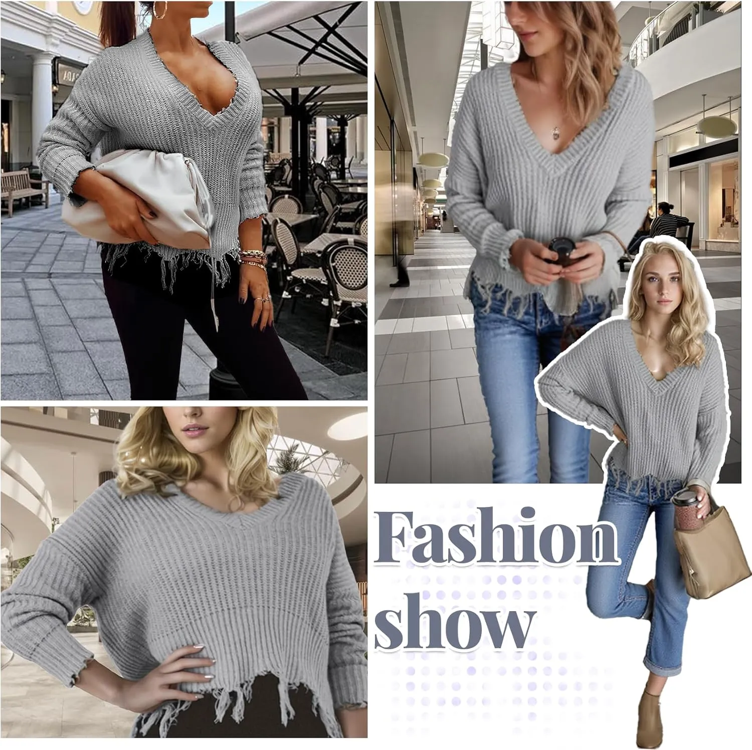 Women's V Neck Loose Knit Pullover Distressed Hem Off Shoulder Crop Sweater Solid Long Sleeve Top