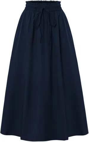 Women's Vintage Elastic Waist A-Line Pleated Loose Long Midi Skirt Solid Color Semi Skirt 2025