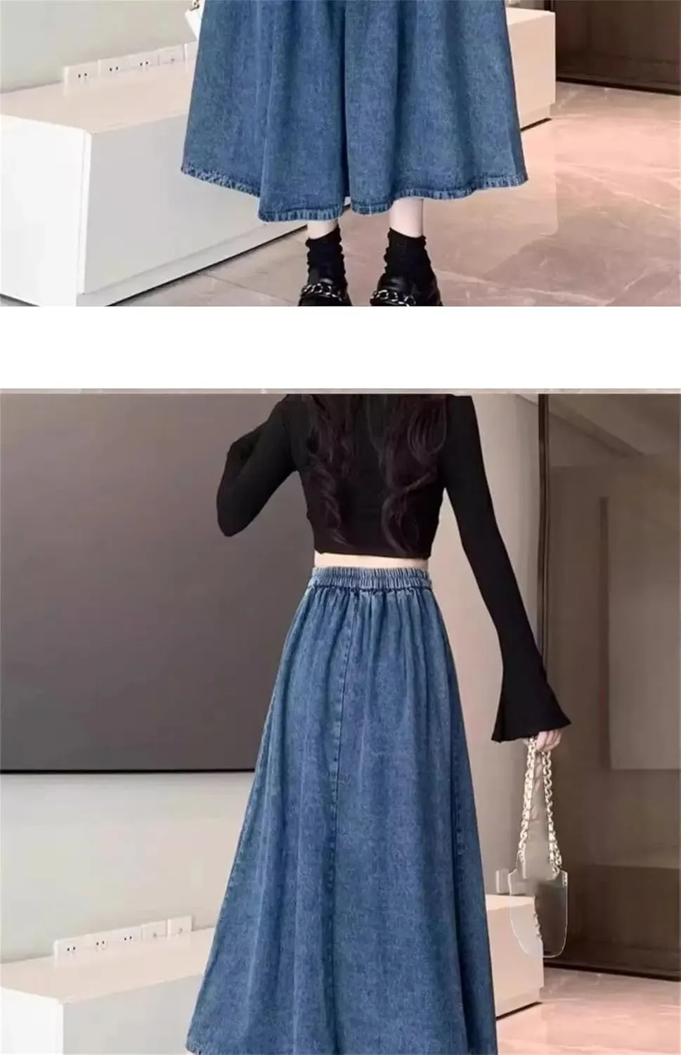 Women's Vintage Elastic Waist Jeans Skirts High-Waisted Slim Fit A- Line Denim Skirt