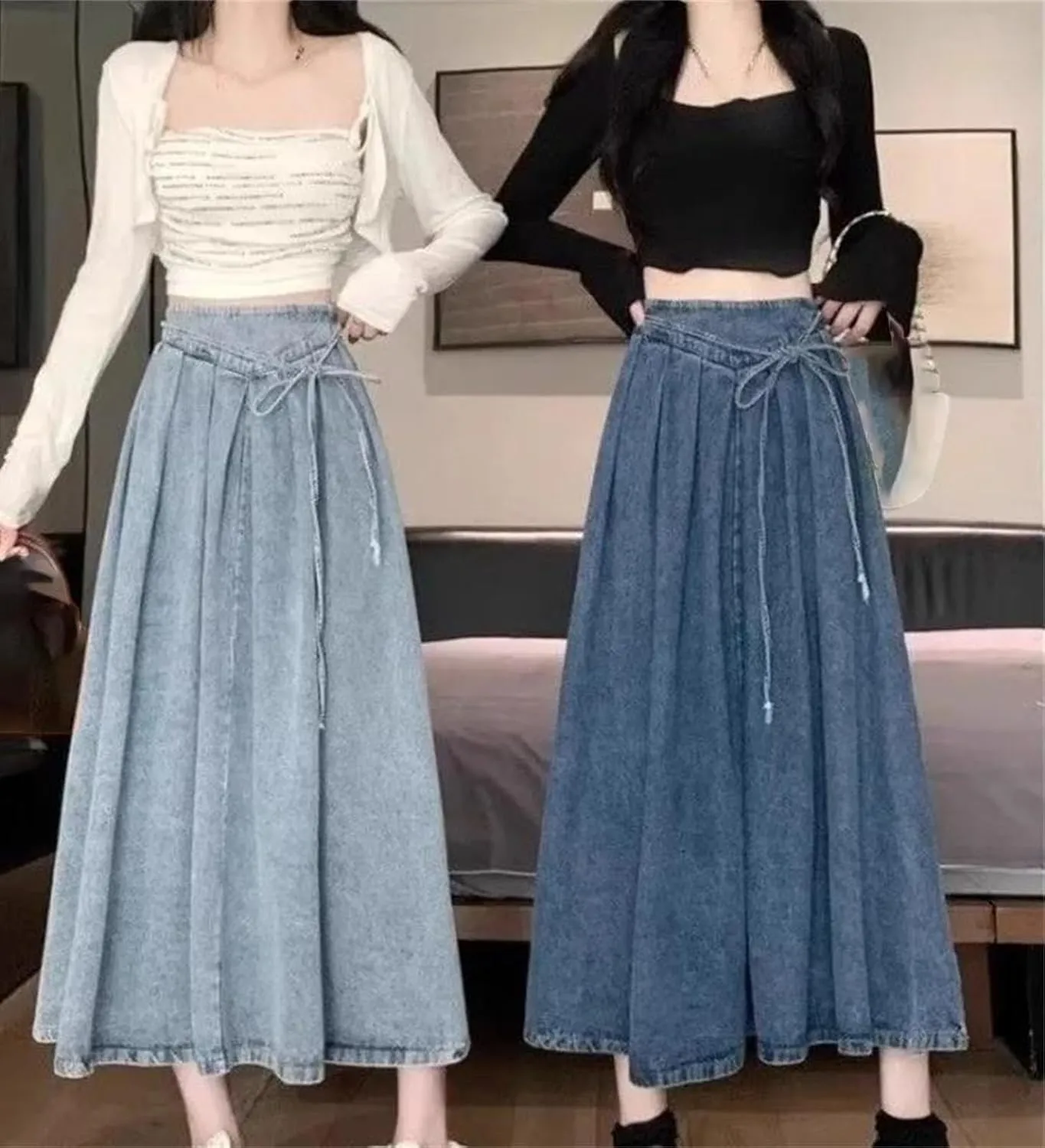 Women's Vintage Elastic Waist Jeans Skirts High-Waisted Slim Fit A- Line Denim Skirt