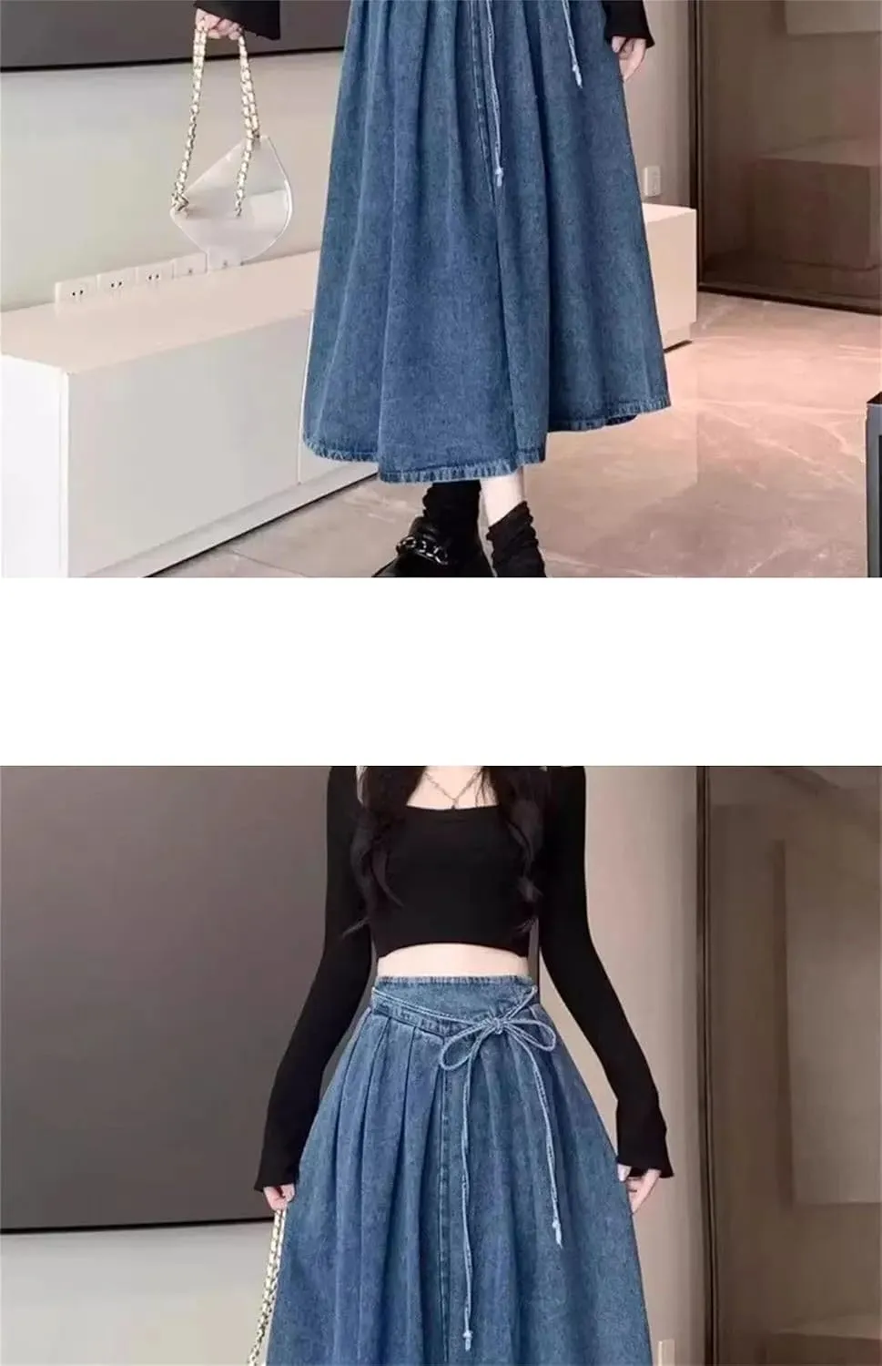 Women's Vintage Elastic Waist Jeans Skirts High-Waisted Slim Fit A- Line Denim Skirt