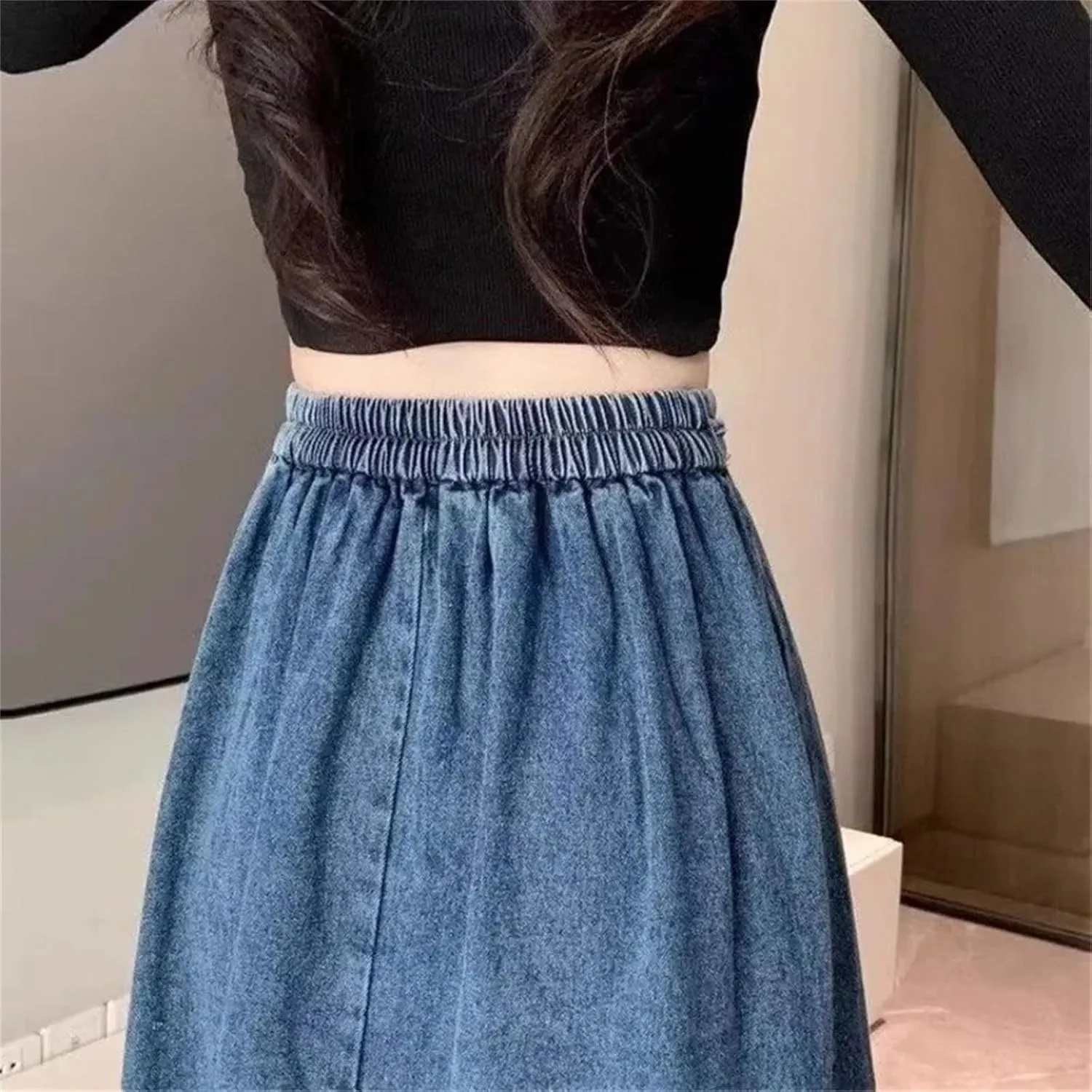 Women's Vintage Elastic Waist Jeans Skirts High-Waisted Slim Fit A- Line Denim Skirt