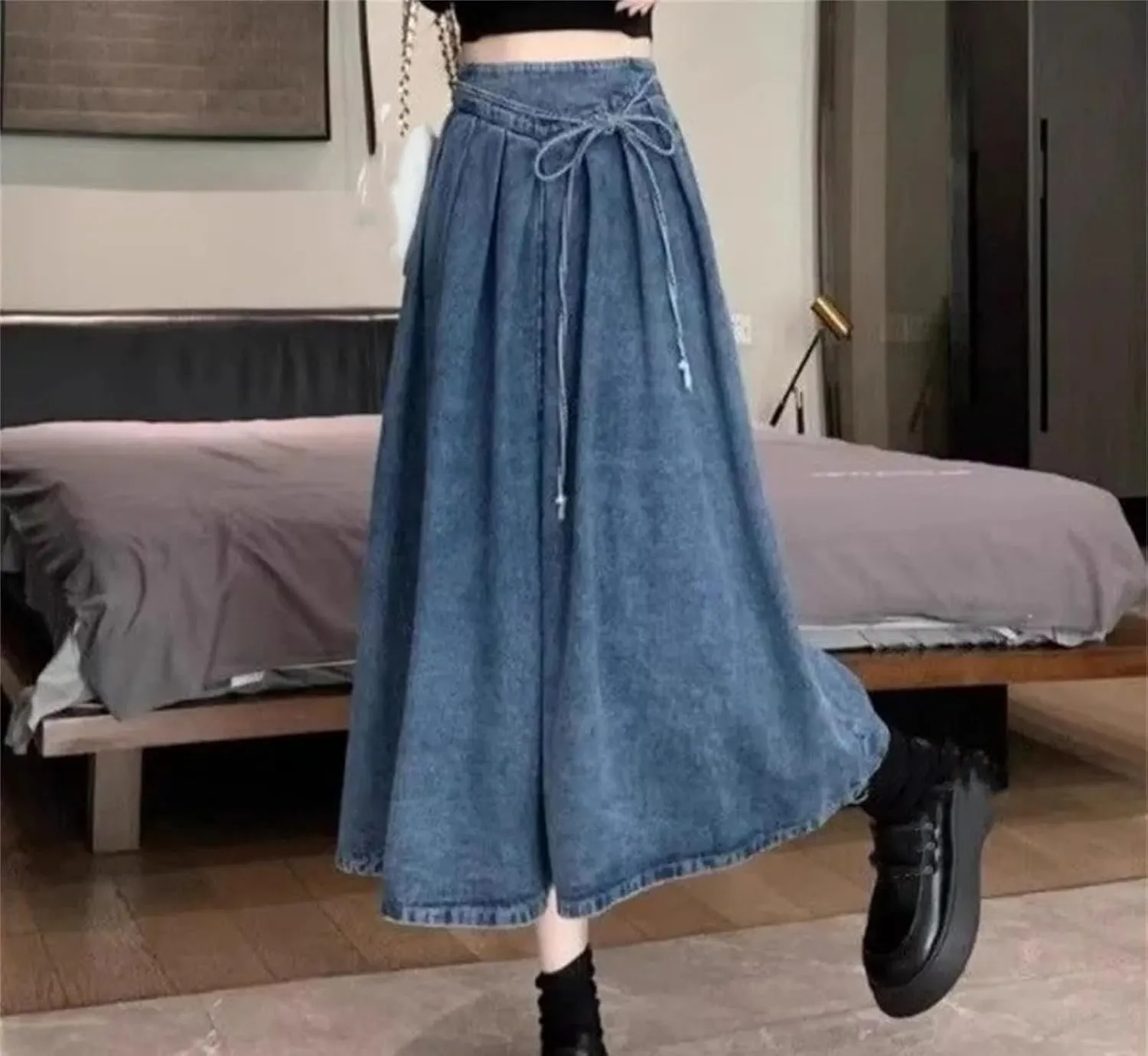 Women's Vintage Elastic Waist Jeans Skirts High-Waisted Slim Fit A- Line Denim Skirt