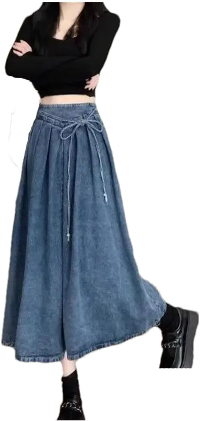 Women's Vintage Elastic Waist Jeans Skirts High-Waisted Slim Fit A- Line Denim Skirt