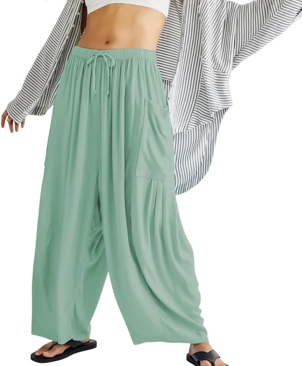 Women's Wide Leg Baggy Casual Lantern Pants Summer Beach High Waisted Capris Yoga Palazzo Elastic Waist Trousers