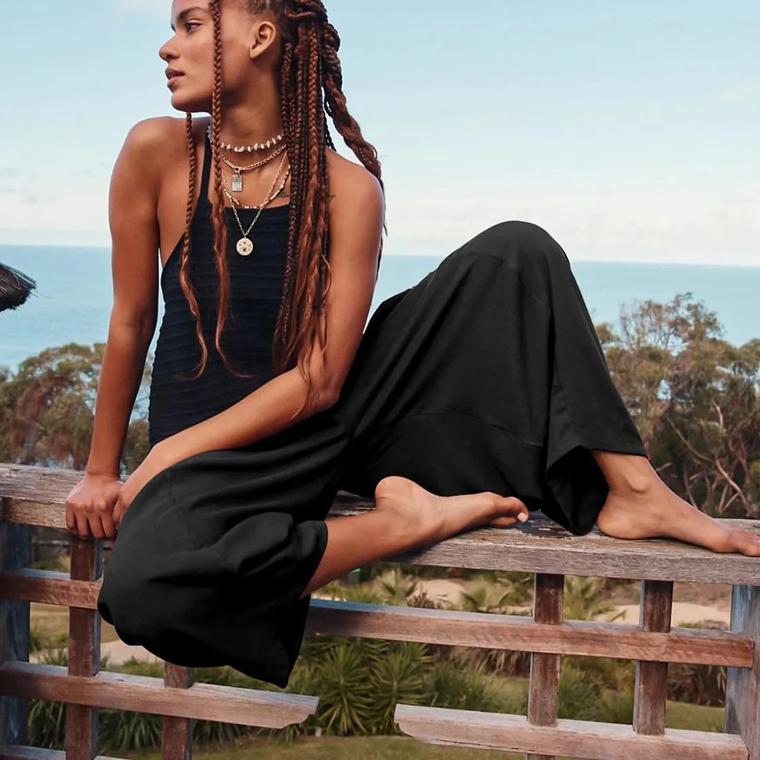 Women's Wide Leg Baggy Casual Lantern Pants Summer Beach High Waisted Capris Yoga Palazzo Elastic Waist Trousers
