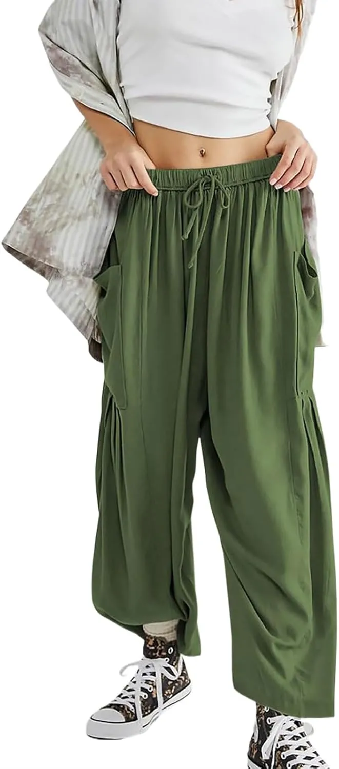 Women's Wide Leg Baggy Casual Lantern Pants Summer Beach High Waisted Capris Yoga Palazzo Elastic Waist Trousers