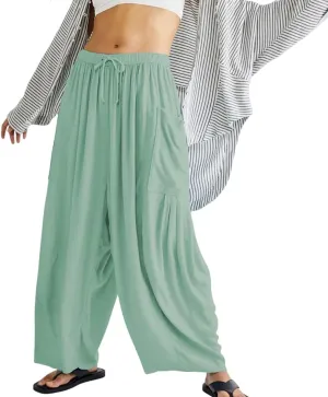 Women's Wide Leg Baggy Casual Lantern Pants Summer Beach High Waisted Capris Yoga Palazzo Elastic Waist Trousers