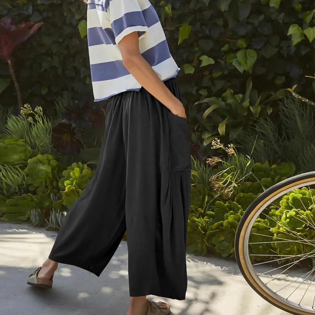 Women's Wide Leg Baggy Casual Lantern Pants Summer Beach High Waisted Capris Yoga Palazzo Elastic Waist Trousers