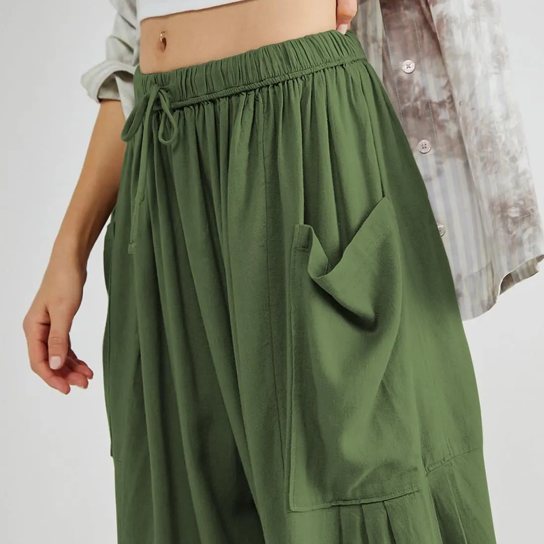 Women's Wide Leg Baggy Casual Lantern Pants Summer Beach High Waisted Capris Yoga Palazzo Elastic Waist Trousers
