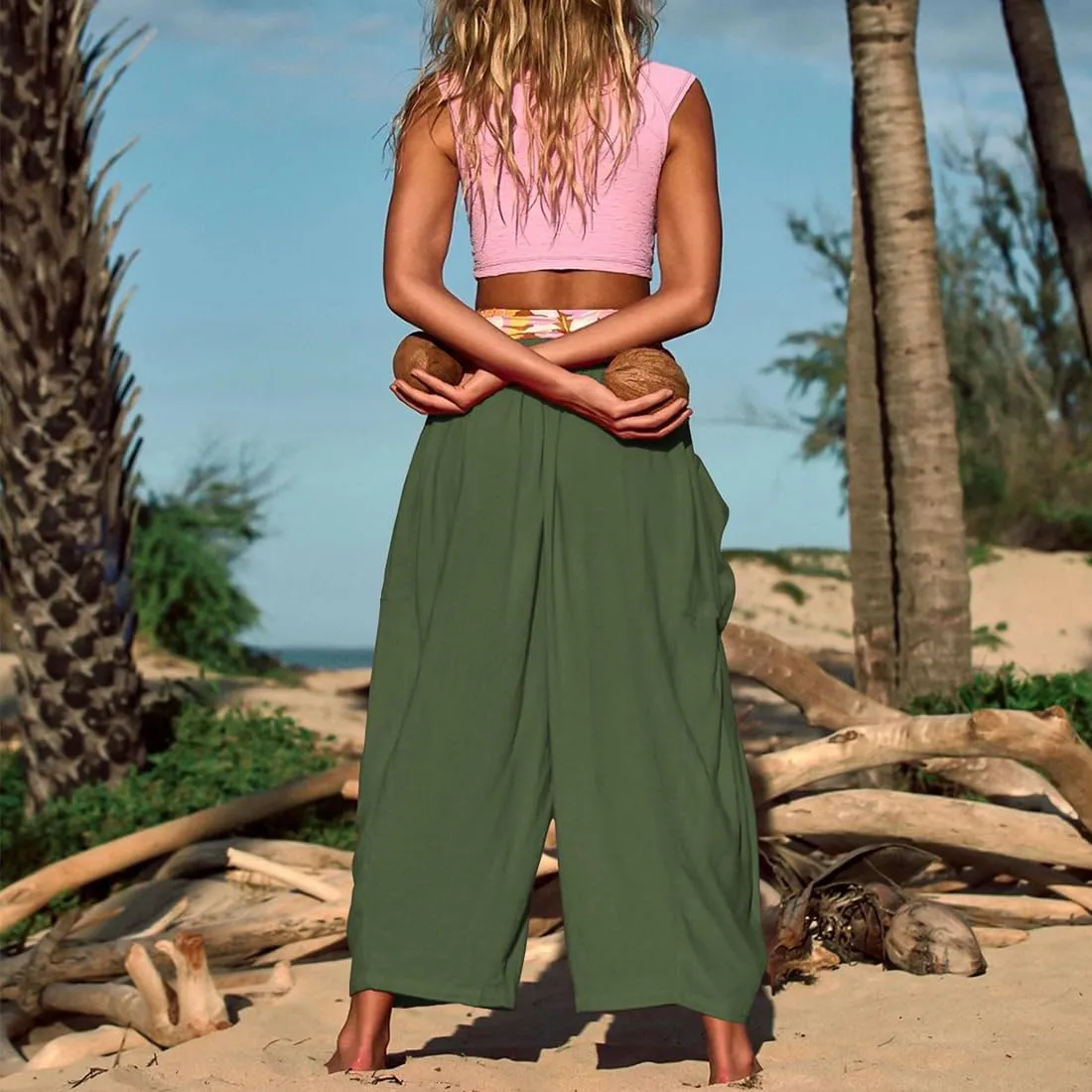 Women's Wide Leg Baggy Casual Lantern Pants Summer Beach High Waisted Capris Yoga Palazzo Elastic Waist Trousers