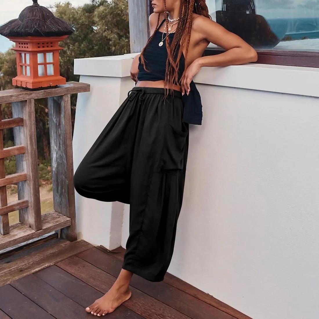 Women's Wide Leg Baggy Casual Lantern Pants Summer Beach High Waisted Capris Yoga Palazzo Elastic Waist Trousers