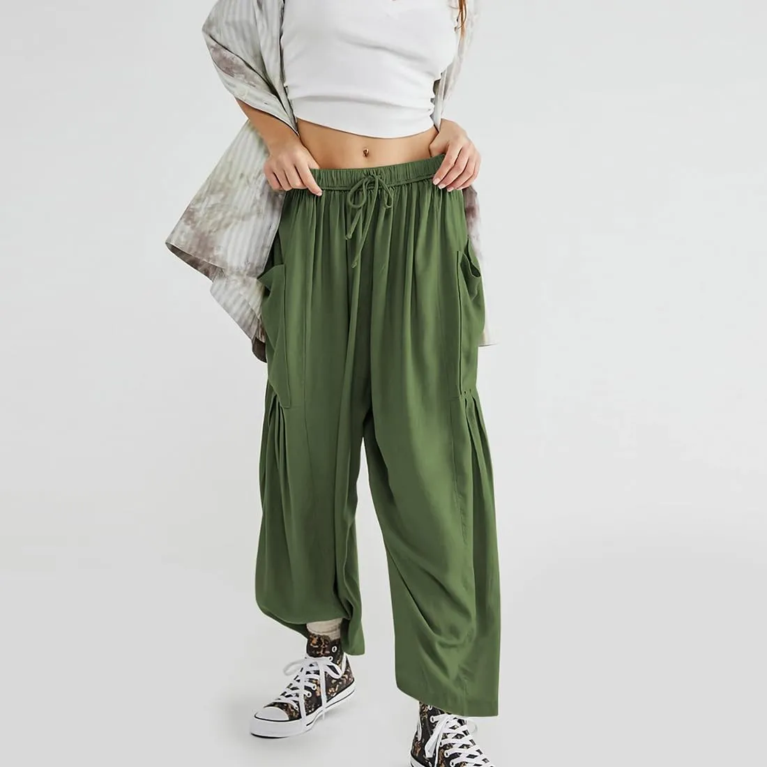 Women's Wide Leg Baggy Casual Lantern Pants Summer Beach High Waisted Capris Yoga Palazzo Elastic Waist Trousers