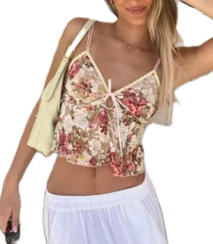Y2K Sexy Spaghetti Strap Lace Crop Camisole Sleeveless V Neck Sexy Cami Top Slim Fit Adorable Streetwear