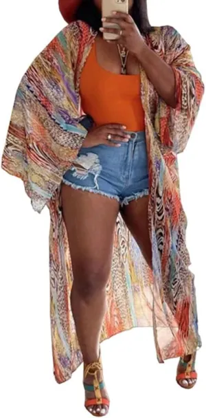 Yeshire Women's Sheer Chiffon Blouse Tops Kimono Cardigan Floral Loose Cover Ups Beach Cover up Swimsuit