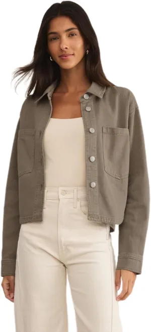 Z SUPPLY Cropped Washed Jacket, Button Front, Chest Pockets, Grape Leaf Green