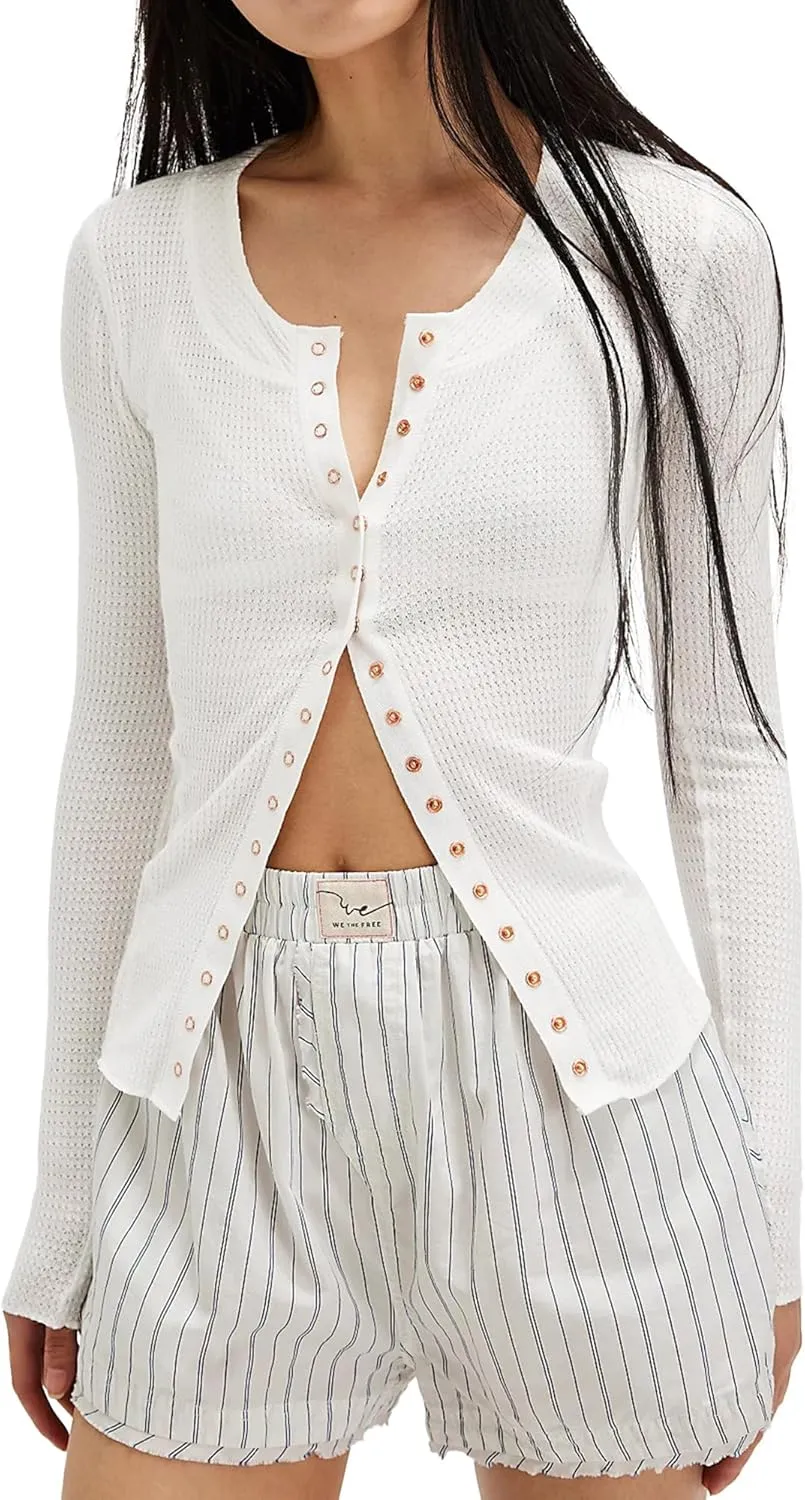 ZAFUL Women's Slim Fitted Cardigan Waffle Knit Long Sleeve Y2K Tops Button Down Shirts