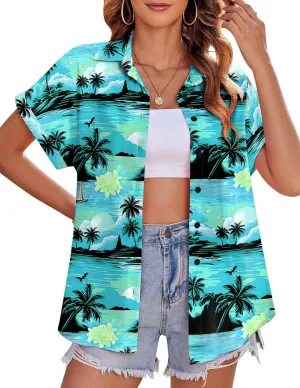 Zeagoo Women's Hawaiian Button Down Shirts Casual Short Sleeve Floral Tropical Print Summer Blouse Tunic Top